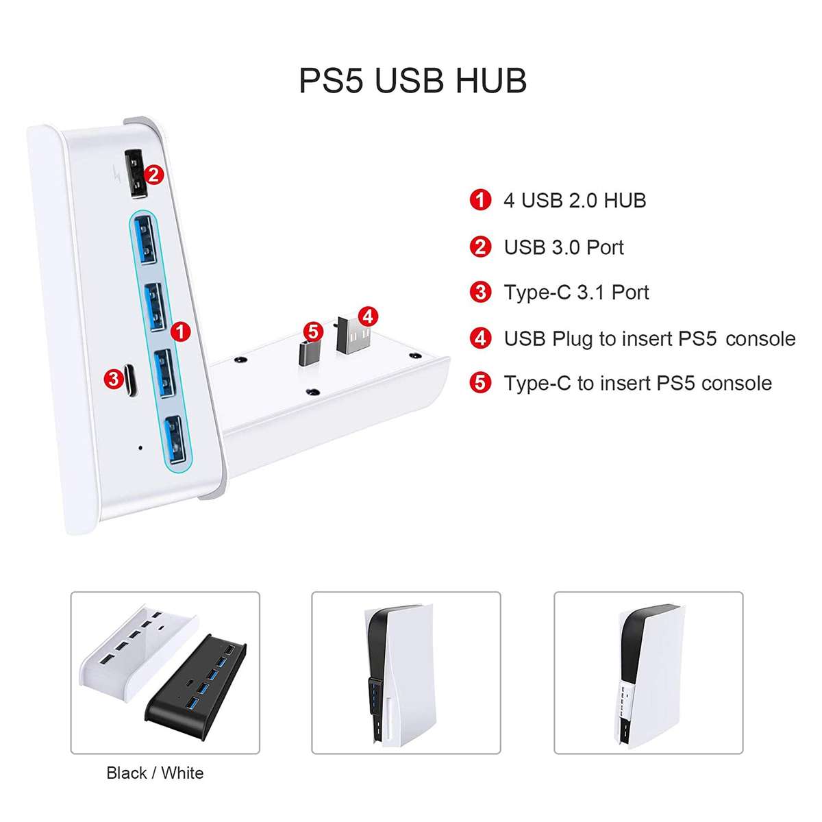 5 Port USB 3.0 HUB for PS5 Console/PS5 Digital Edition Console - Black