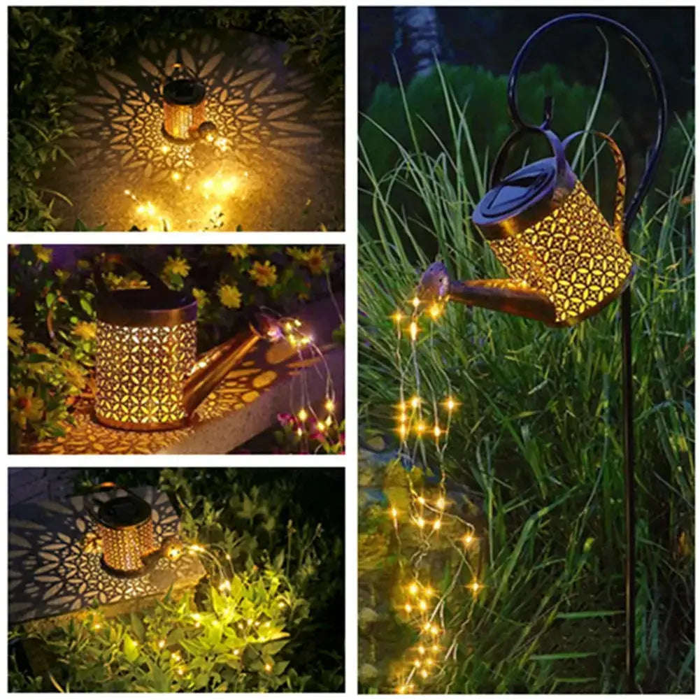 LED Wrought Iron Hollow Waterproof Watering Can Kettle - Solar Powered