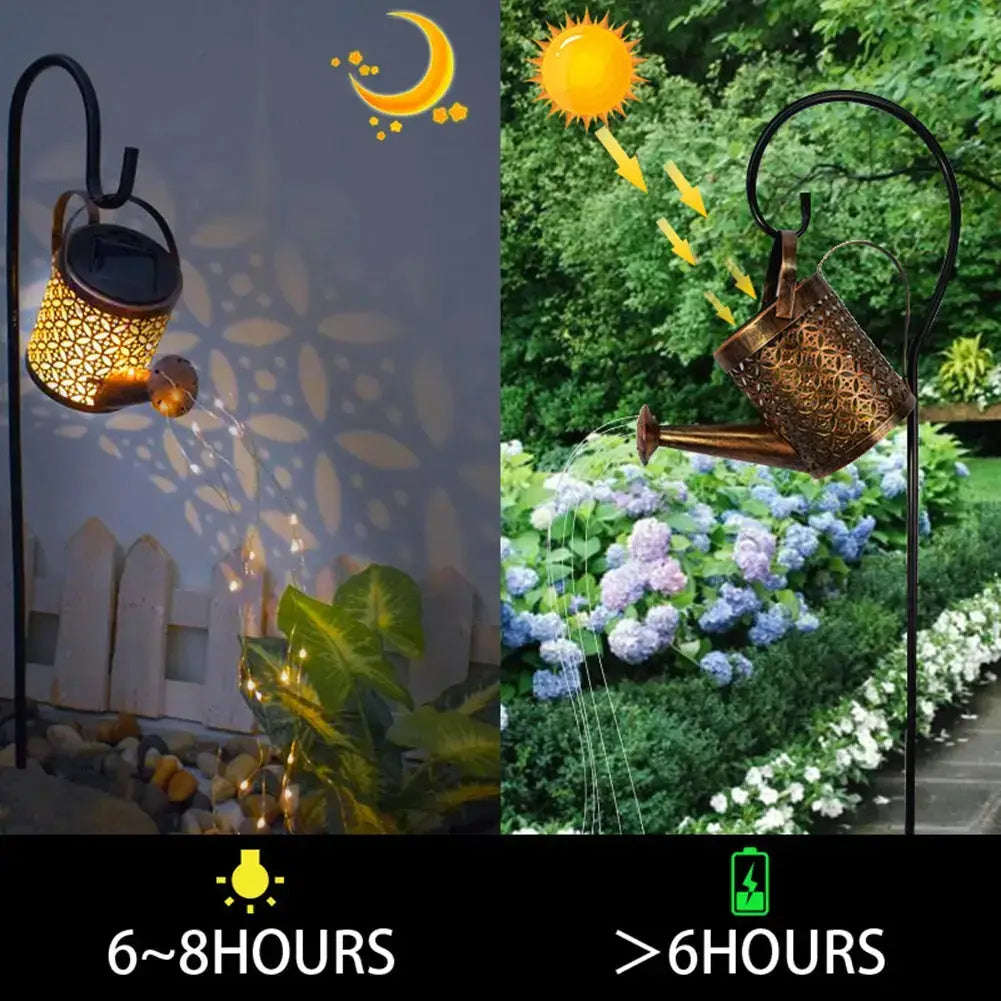 LED Wrought Iron Hollow Waterproof Watering Can Kettle - Solar Powered