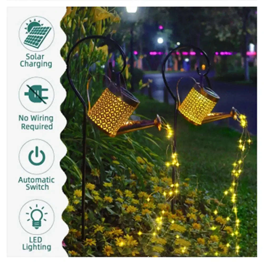 LED Wrought Iron Hollow Waterproof Watering Can Kettle - Solar Powered