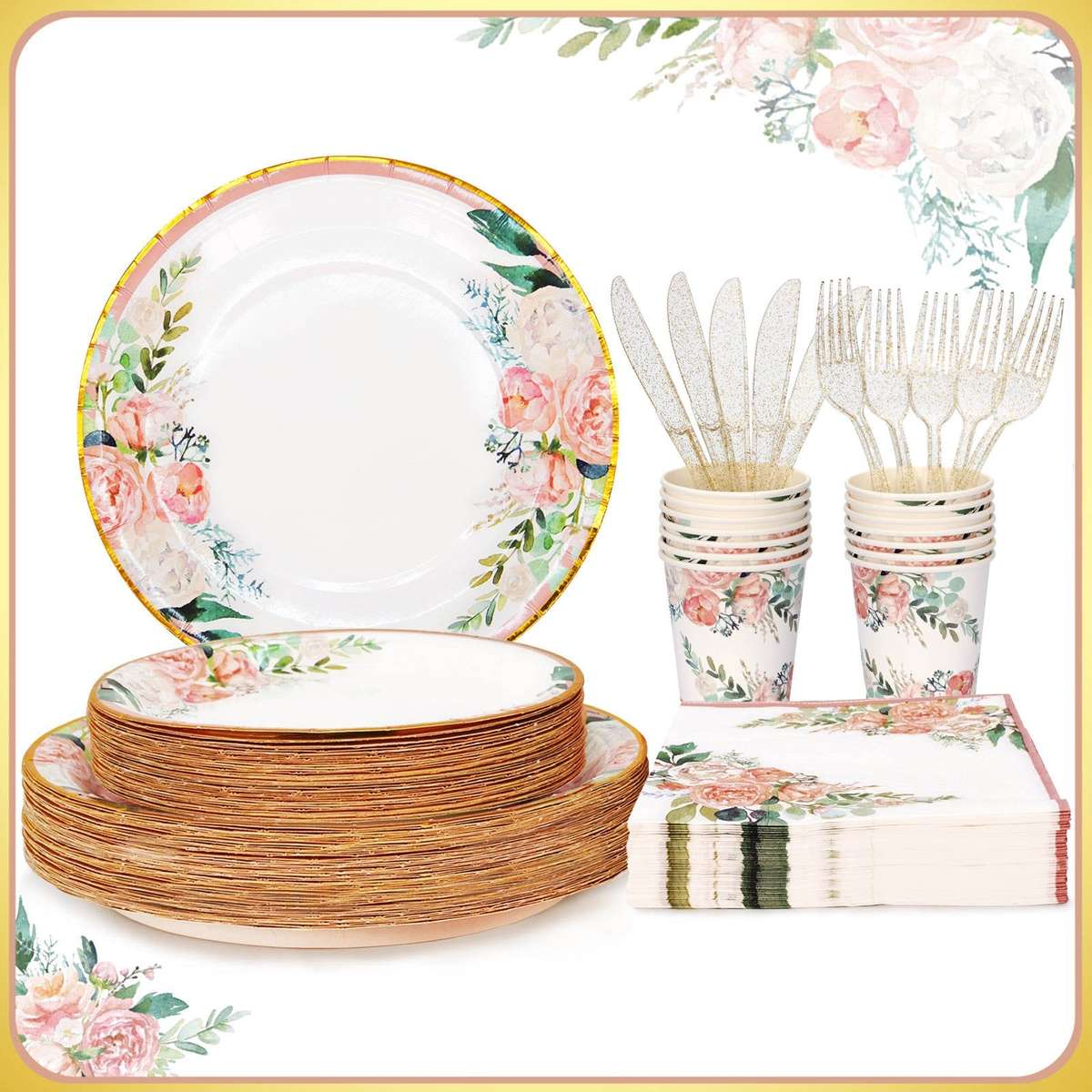 Floral Disposable Dinnerware Set For 25| 200-Piece Party Tableware