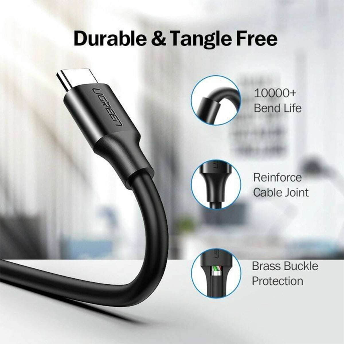 UGREEN Type-C to USB 3.0 Cable 2m  Fast Charging 3A, 5Gbps Sync  Black