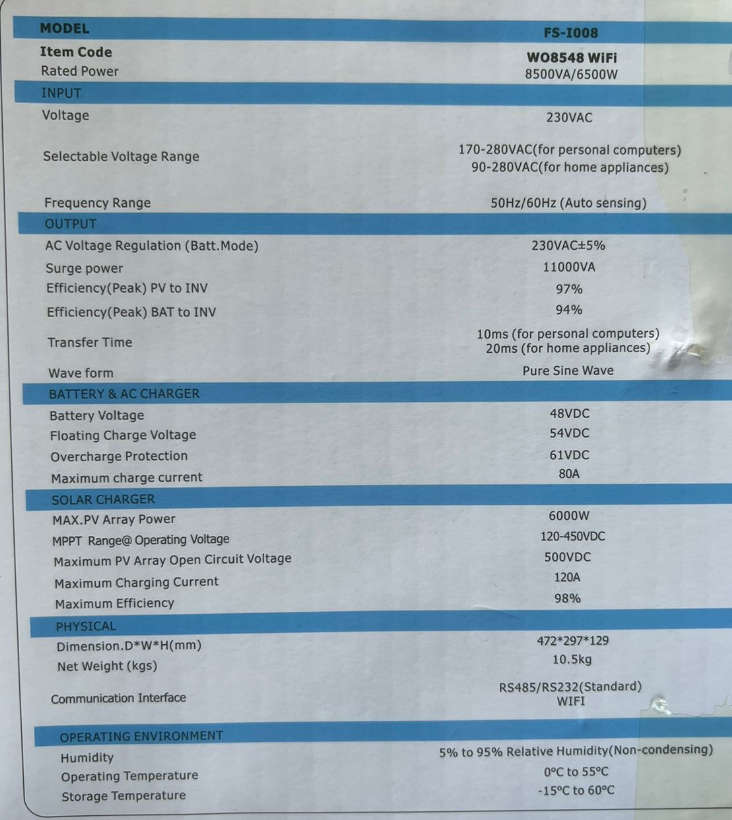 Hybrid Inverter 48V 8.5 KVA / 6500 W 120 A MPT Fivestar Inverter Hybrid Inverter+Wifi