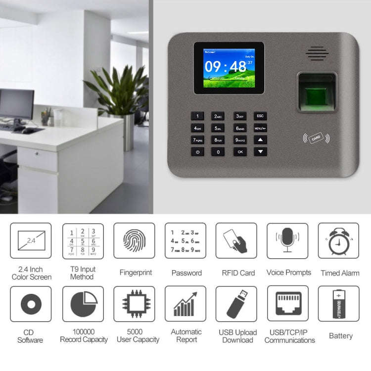 Realand AL321D Fingerprint Time Attendance with 2.4 inch Color Screen & ID Card Function & Batter...