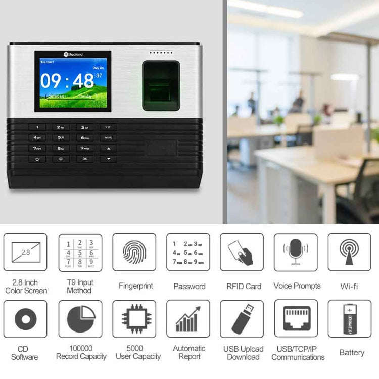 Realand AL355 Fingerprint Time Attendance with 2.8 inch Color Screen & ID Card Function & WiFi, A...