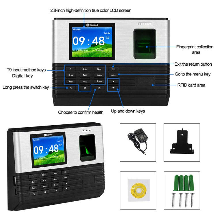 Realand AL355+ Fingerprint Time Attendance with 2.8 inch Color Screen & ID Card Function & WiFi &...