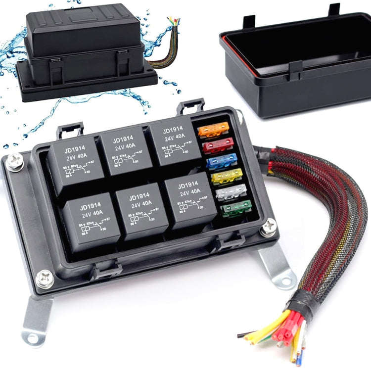 24V 5 Pin Car 6 Slots Waterproof Relay Fuse Box with Cable, 24V 5 Pin