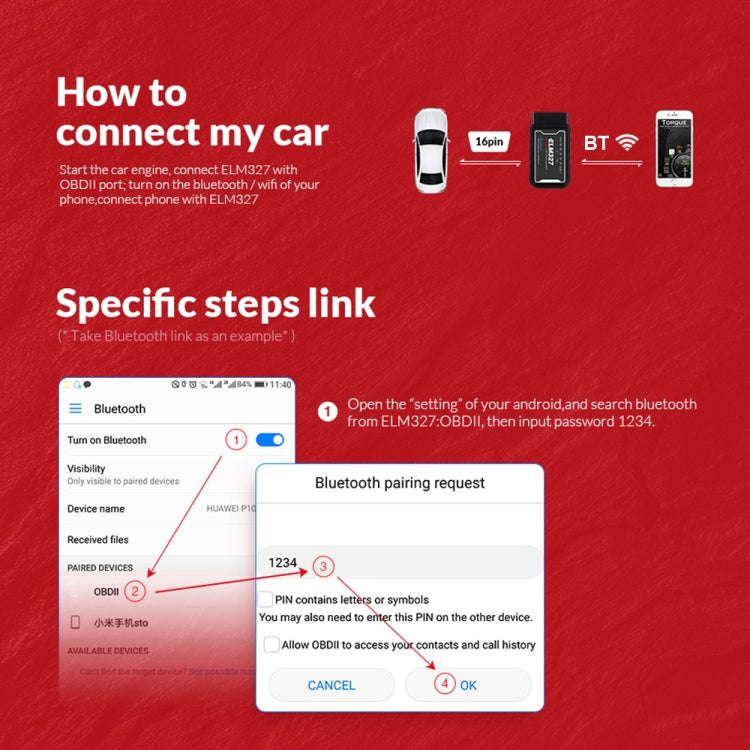 OBD II ELM327 Bluetooth Car Fault Diagnostic Tool V1.5PIC25K80 Chip, Bluetooth