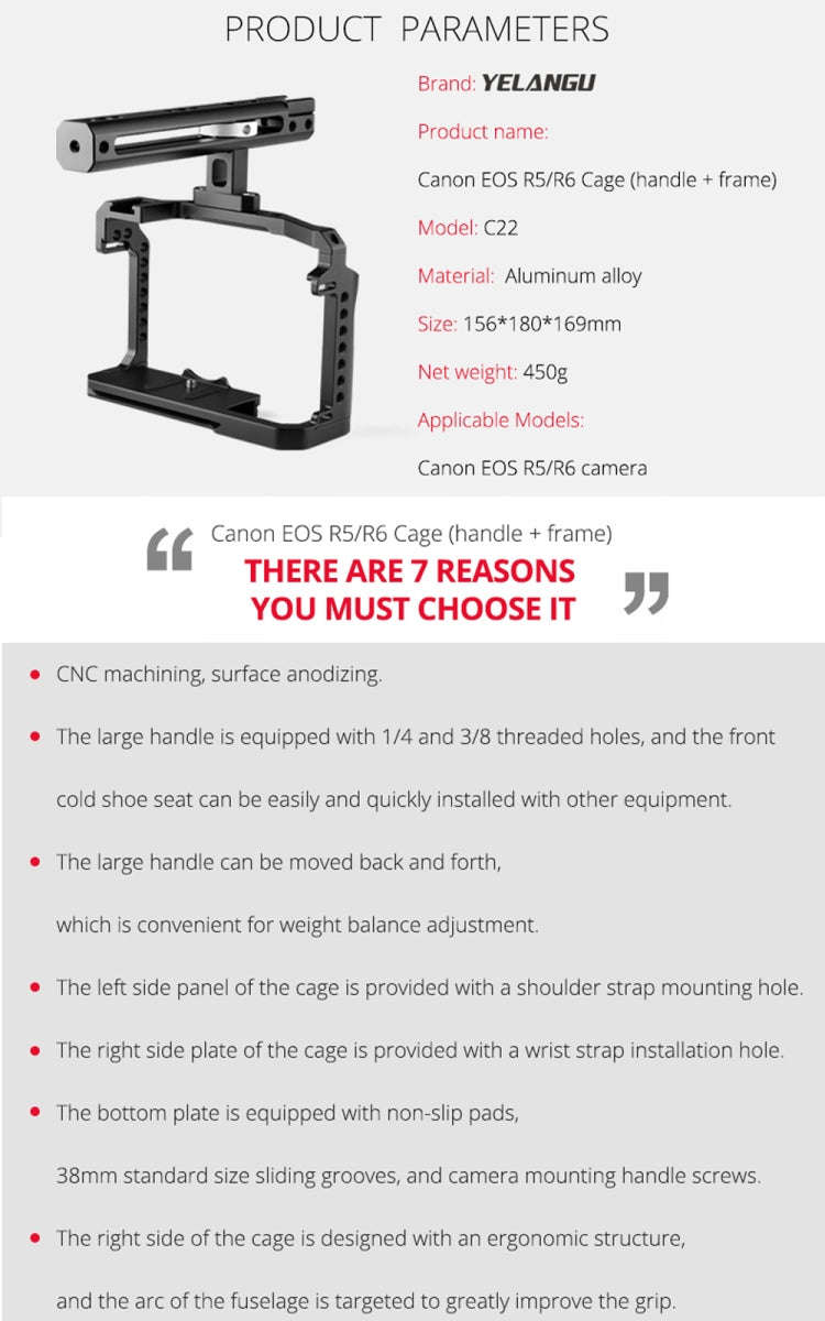 YELANGU C22 YLG0334B Video Camera Cage Stabilizer with Handle for Canon EOS R5/R6, YLG0334B