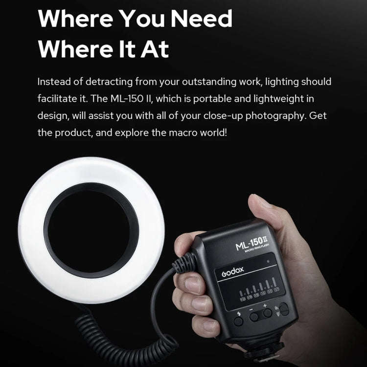 Godox ML-150II On-camera Macro Ring Flash Light with 8 Different Size Adapter Rings, ML-150II