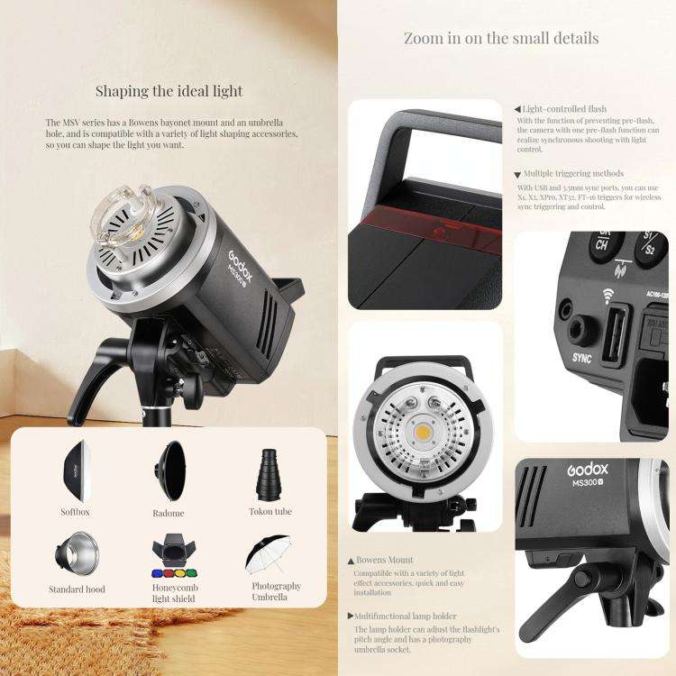 Godox MS300-V Studio Flash Light 300Ws Bowens Mount Strobe Light with Lamp Cover, MS300-V