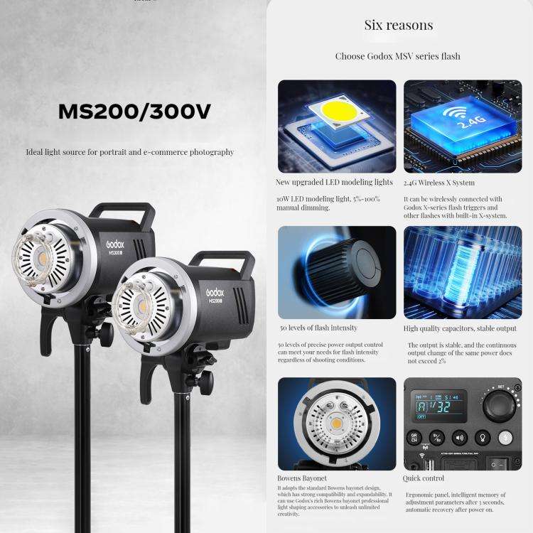 Godox MS200-V Studio Flash Light 200Ws Bowens Mount Strobe Light with Lamp Cover, MS200-V