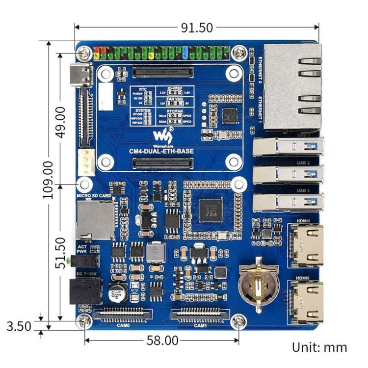 Waveshare Compute Module Dual Gigabit Ethernet Base Board for Raspberry Pi CM4, For Raspberry Pi CM4