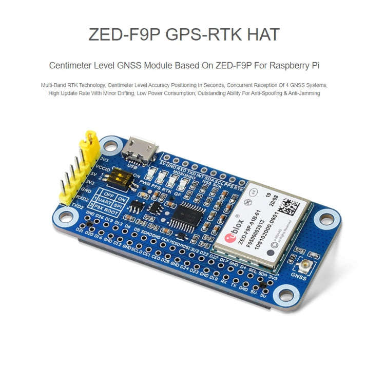 Waveshare ZED-F9P GPS-RTK HAT Centimeter Level Accuracy Multi-Band RTK Differential GPS Module fo...