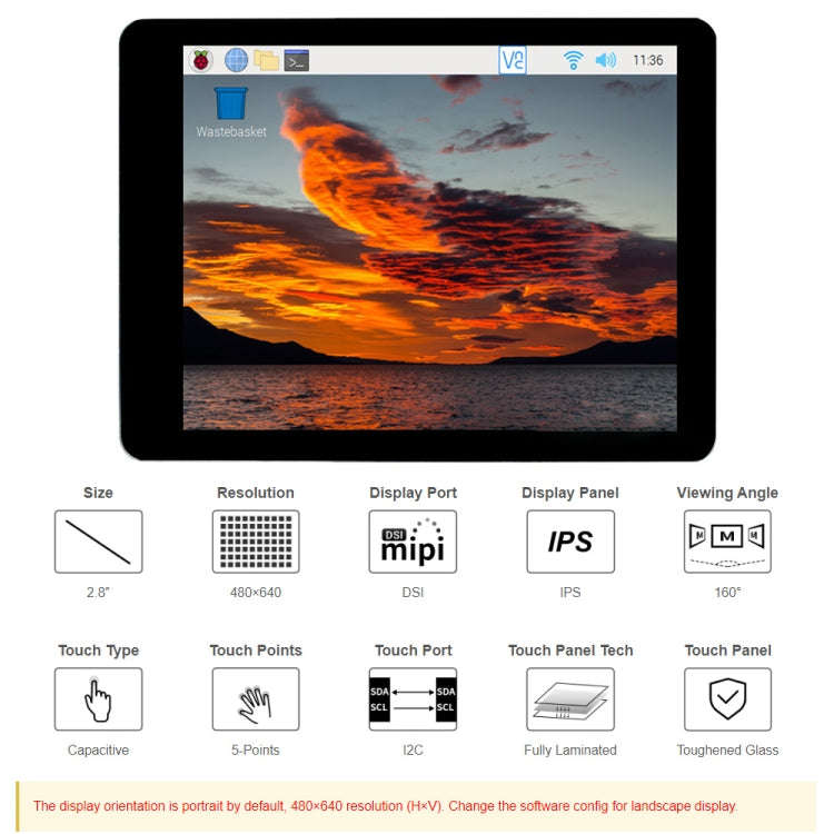 Waveshare 2.8 inch Capacitive Touch Display for Raspberry Pi, 480 x 640, DSI, IPS, Fully Laminate...