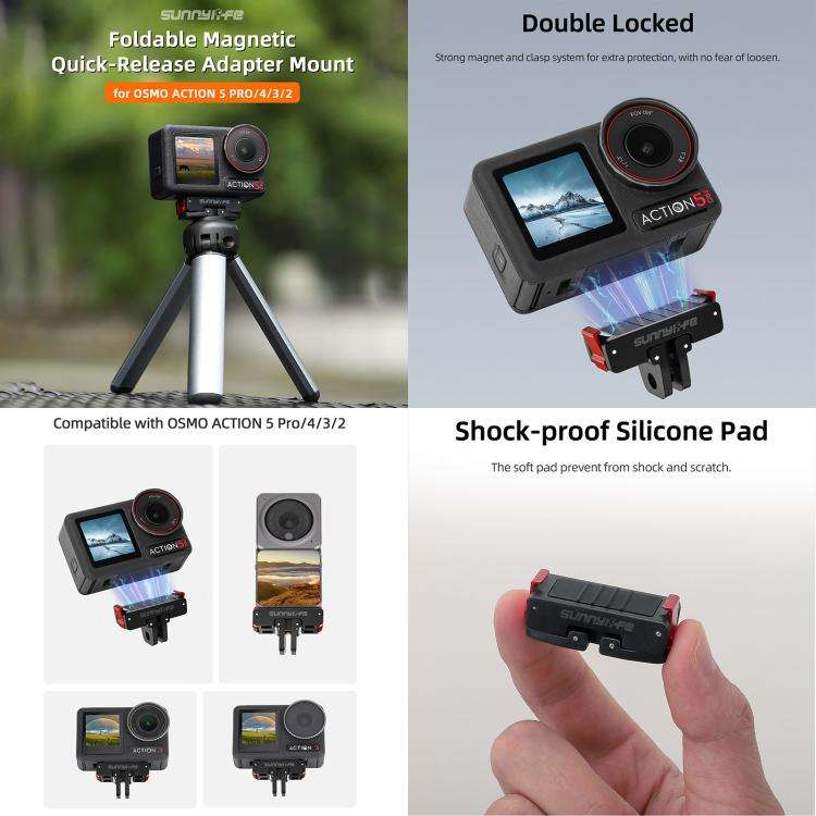 For DJI Osmo Action 5 Pro / 4 / 3 Sunnylife Foldable Magnetic Quick Release Mount + Magnetic Cold...