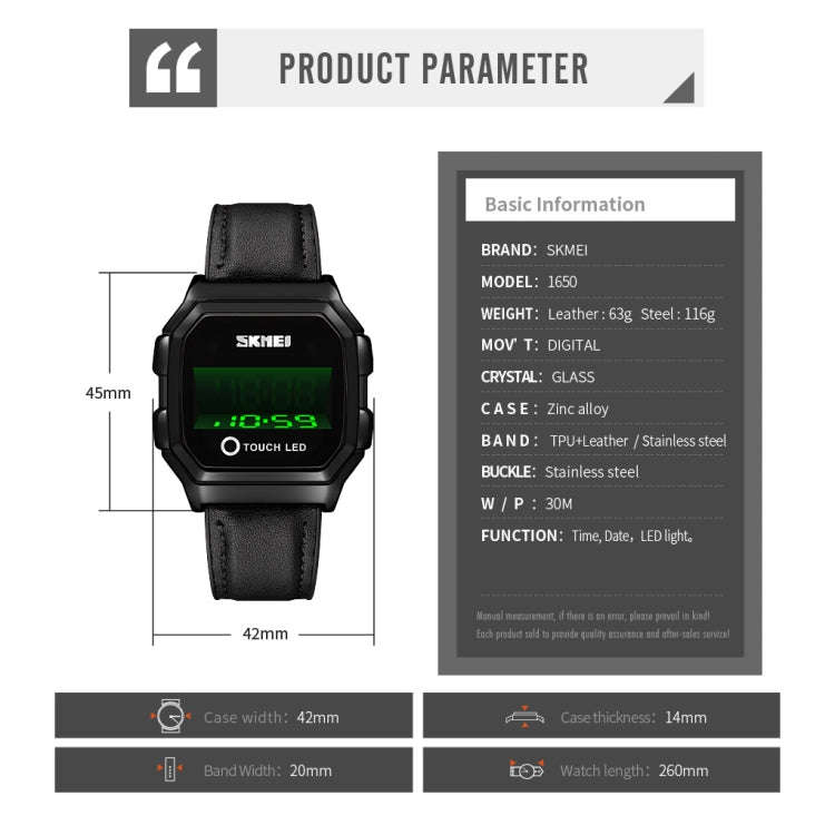 SKMEI 1650 Steel Strap Version LED Digital Display Electronic Watch with Touch Luminous Button, S...