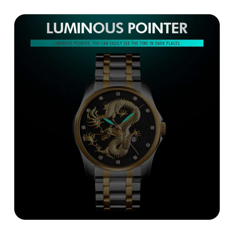 SKMEI 9193 Men Golden Dragon Pattern Calendar Dial Luminous Quartz Watch