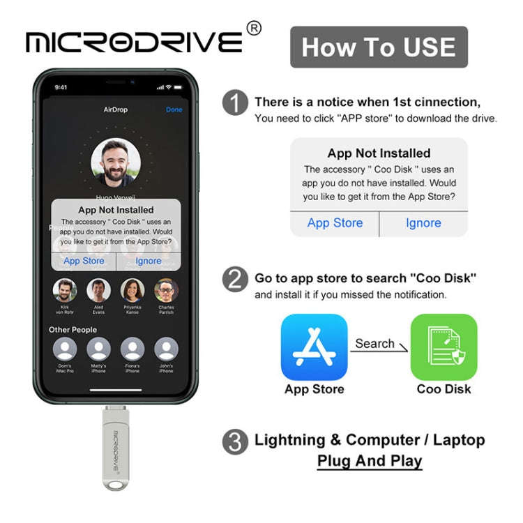 MicroDrive 2 In 1 Lightning + USB2.0 Portable Metal USB Flash Disk, 32GB, 64GB, 128GB