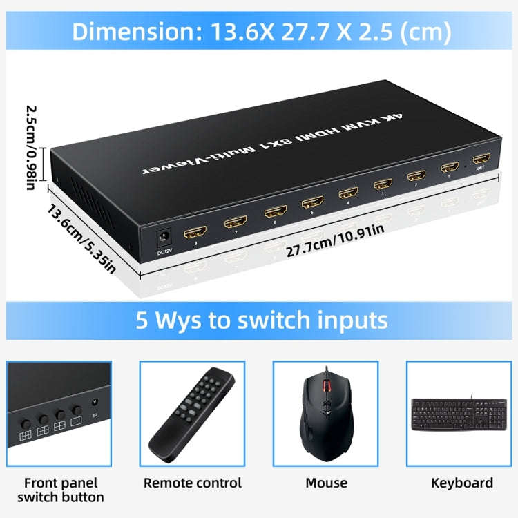 NK-E80 4K 30Hz 8 In 1 Out HDMI 8-way Screen Splitter KVM Switch, EU Plug, US Plug, UK Plug, AU Plug