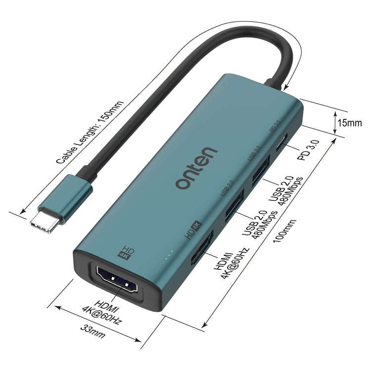 Onten UC126 5 in 1 USB-C / Type-C to Dual HDM I+ USB2.0 + PD3.0 Multi-function HUB Docking Statio...