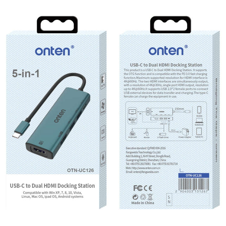 Onten UC126 5 in 1 USB-C / Type-C to Dual HDM I+ USB2.0 + PD3.0 Multi-function HUB Docking Statio...