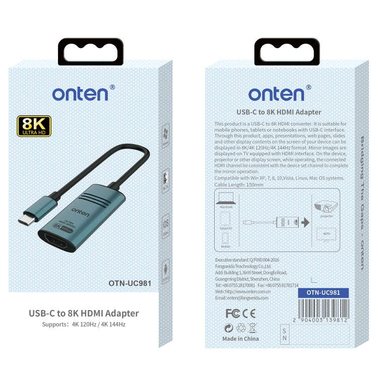 Onten UC981 8K 30Hz USB-C / Type-C to HDMI Video Converter Adapter, UC981