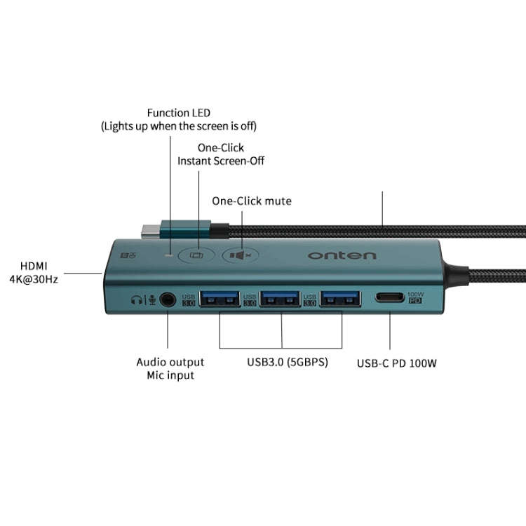 Onten UC123+ USB-C / Type-C to HDTV Multi-function HUB Docking Station with Button, UC123+ (Green)