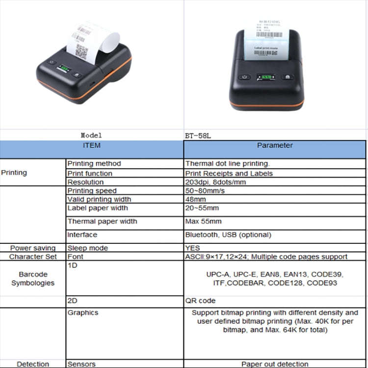 BT-58L 58mm USB+Bluetooth Thermal Label Printer, EU Plug, US Plug