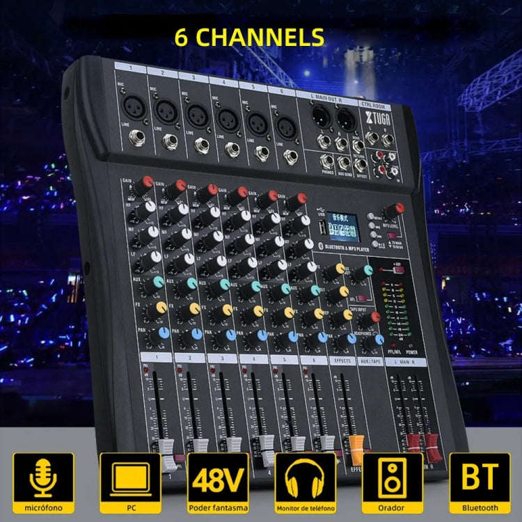 XTUGA CT60X 6-Channels Audio Mixer DJ Mixing Console with 48V Power Supply, CT60X
