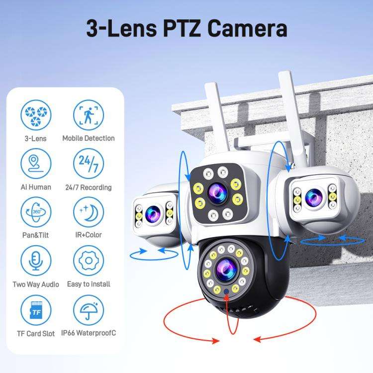 2MP HD 360 Degree Panorama 3 Lens IP66 Waterproof Wireless WiFi Camera, 15 Days Memory Card, 30 D...