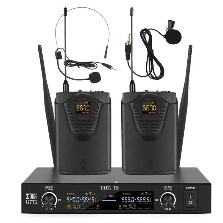 XTUGA U-771 UHF Lapel Two Way Radio Wireless Microphone, 2 Microphone + Host, 2 BodyPacks + Host,...