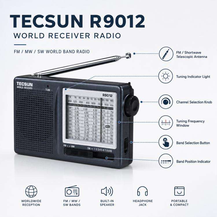 Tecsun R-9012 Portable Full Band FM Radio, R-9012