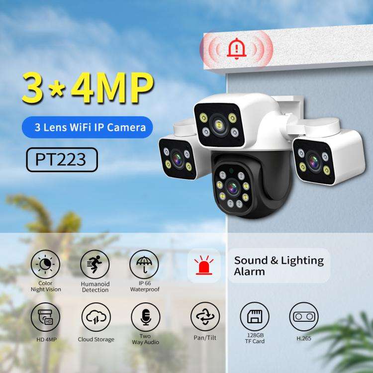 ESCAM PT223 3x4MP HD Motion Detection WiFi Three-screen PTZ IP Camera, EU Plug, US Plug, UK Plug,...