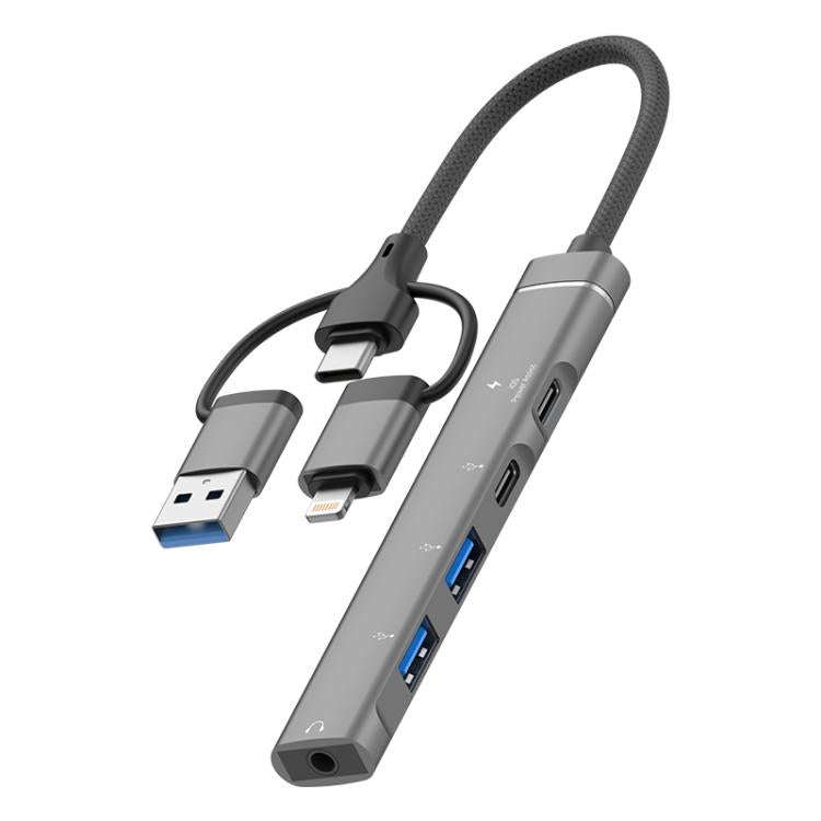 USB / Type-C / 8 Pin to 3.5mm, PD, 2 x USB, Type-C HUB Adapter 5 in 1 Docking Station, 5-in-1 3.5mm