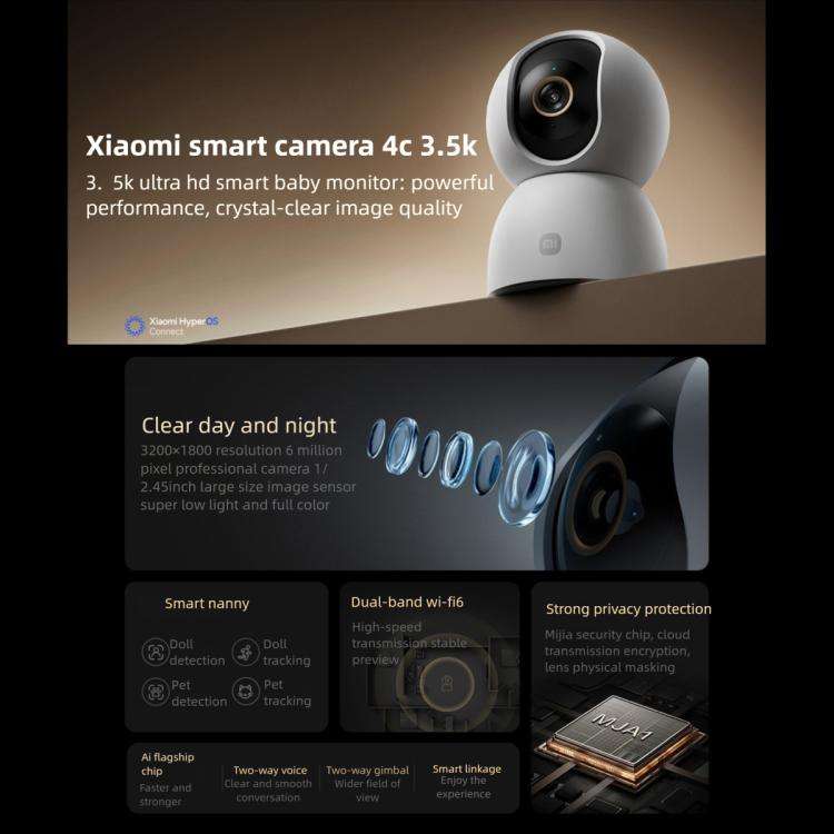 Original Xiaomi Smart Camera 4C 3.5K AI Detection 6MP Full Color Night Vision WiFi 6 Home Securit...