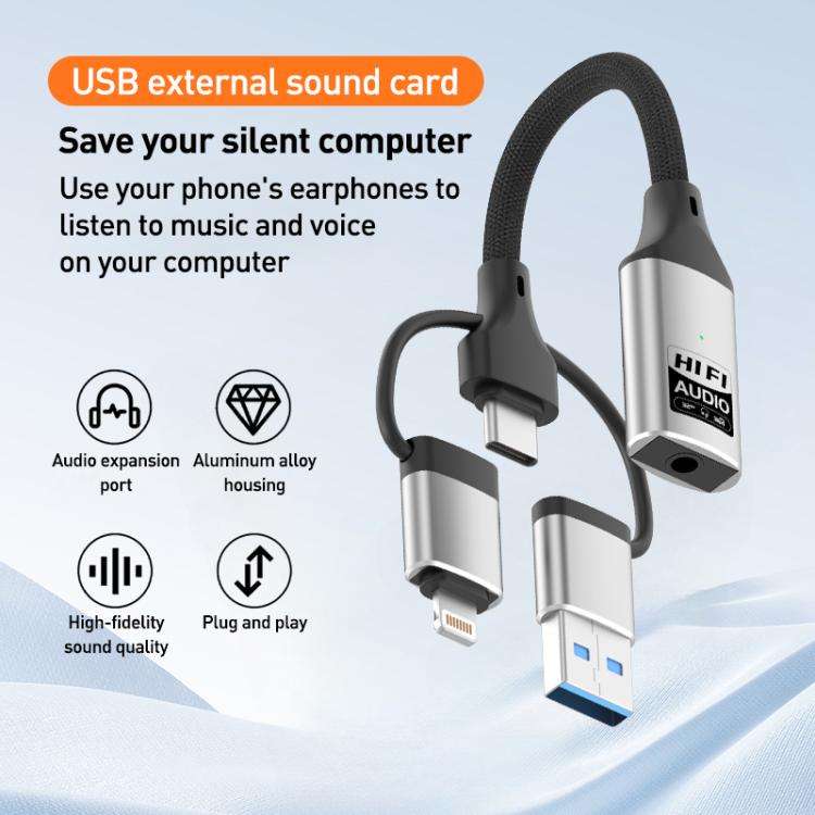 3 in 1 8 Pin, Type-C, USB to 3.5mm Multi-function External Sound Card