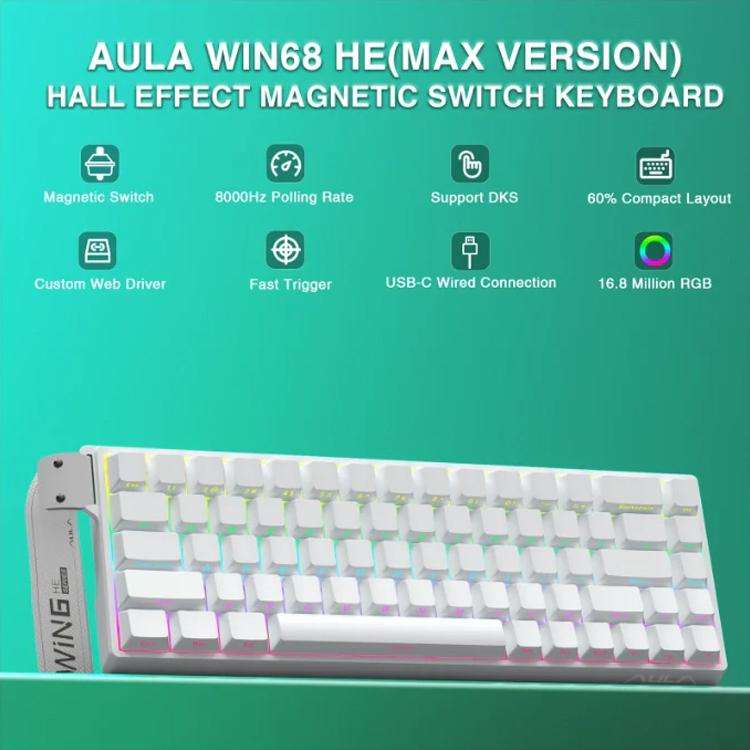 AULA WIN68HE Standard Version 68 Keys RGB Wired Keyboard, WIN68HE Side Printed White Grey Wood Ma...