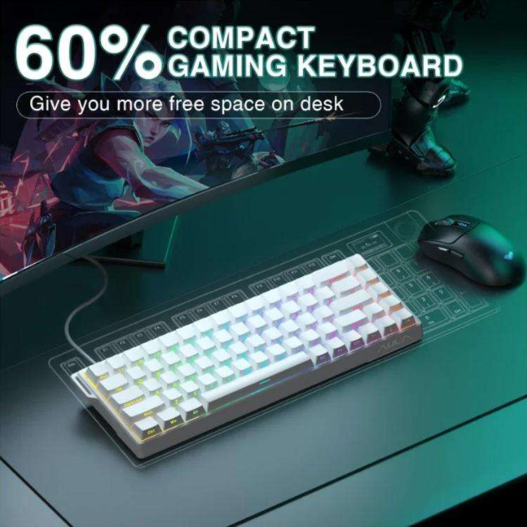 AULA WIN68HE Standard Version 68 Keys RGB Wired Keyboard, WIN68HE Side Printed White Grey Wood Ma...