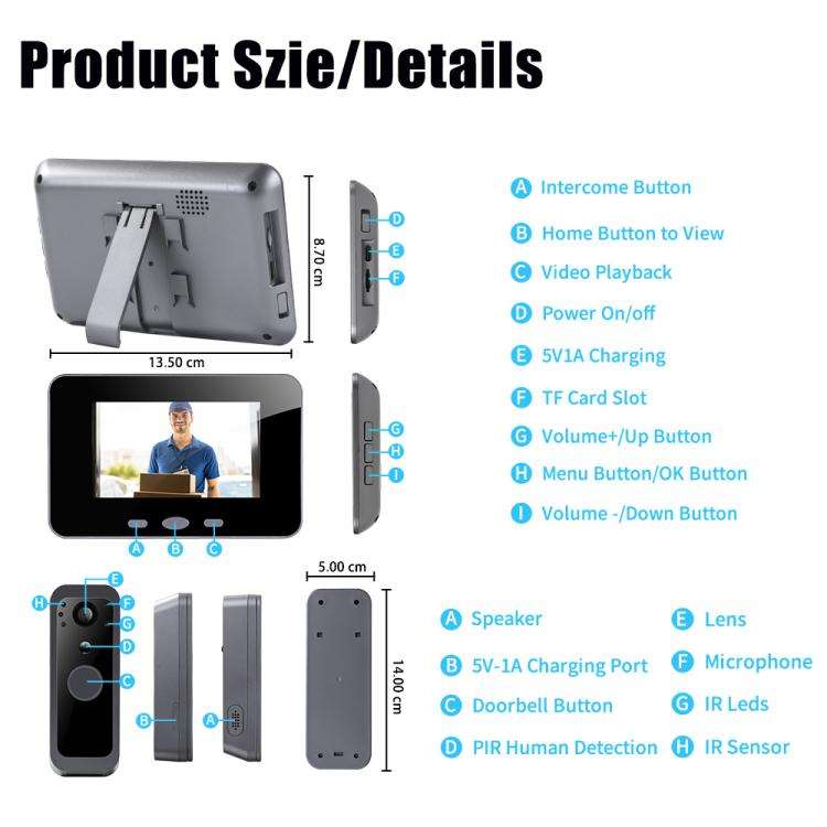 RH-TPD10-W 4 inch IPS Screen Tuya Smart Two-Way Audio Intercom WiFi Video Doorbell