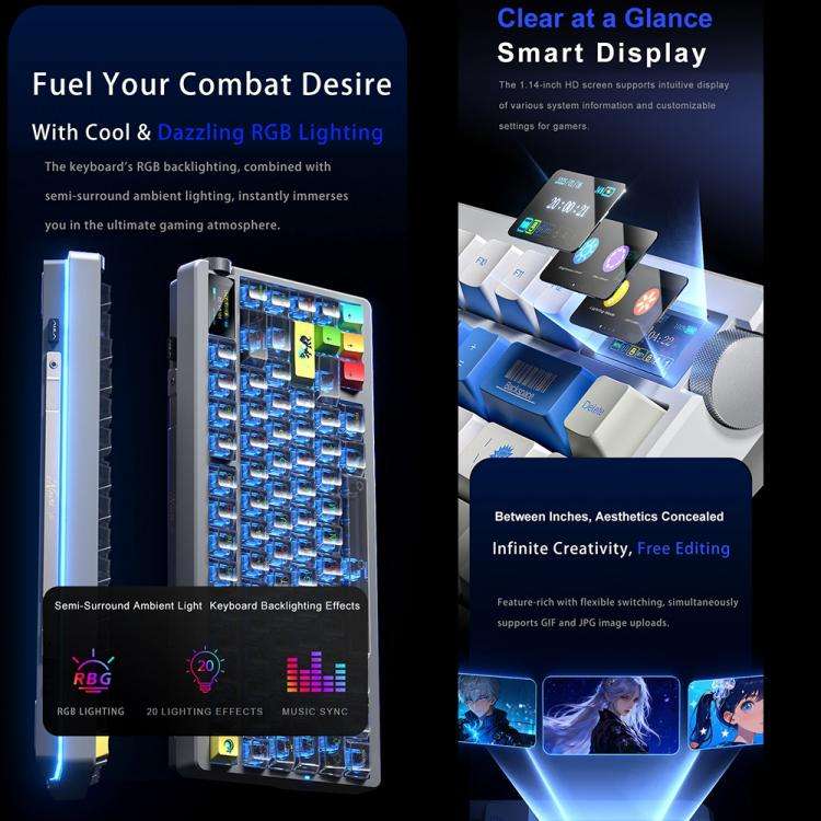 AULA nova75 Smart Display Tri-Mode RGB Customizable Gaming Mechanical Keyboard