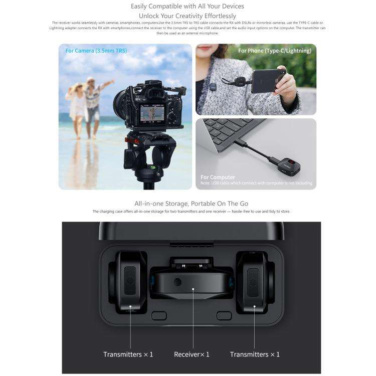 FEELWORLD LM1 Wireless Lavalier Microphone for Phone Computer Camera, 2TX + 1RX + Charging Case