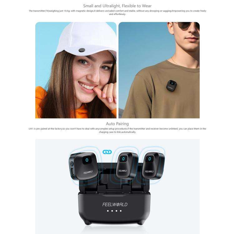 FEELWORLD LM1 Wireless Lavalier Microphone for Phone Computer Camera, 2TX + 1RX + Charging Case
