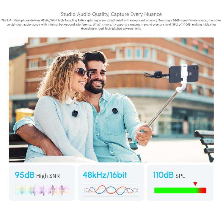 FEELWORLD LM1 Wireless Lavalier Microphone for Phone Computer Camera, 2TX + 1RX + Charging Case