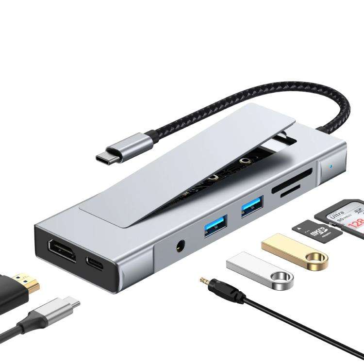 8 in 1 HUB USB-C to M.2 SSD Enclosure + HDTV + 2 x USB 3.2+ Audio + PD + SD/TF Card Reader, 8 in ...