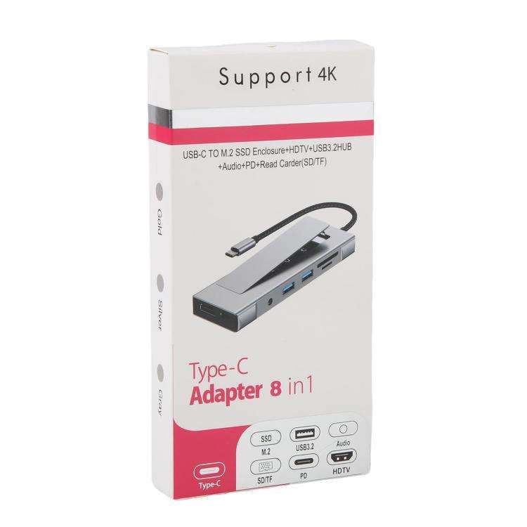 8 in 1 HUB USB-C to M.2 SSD Enclosure + HDTV + 2 x USB 3.2+ Audio + PD + SD/TF Card Reader, 8 in ...