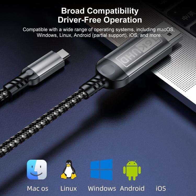 WG228 16K Ultra HD Type-C to DP 2.1 Display Cable Monitor Adapter Cable, 2m