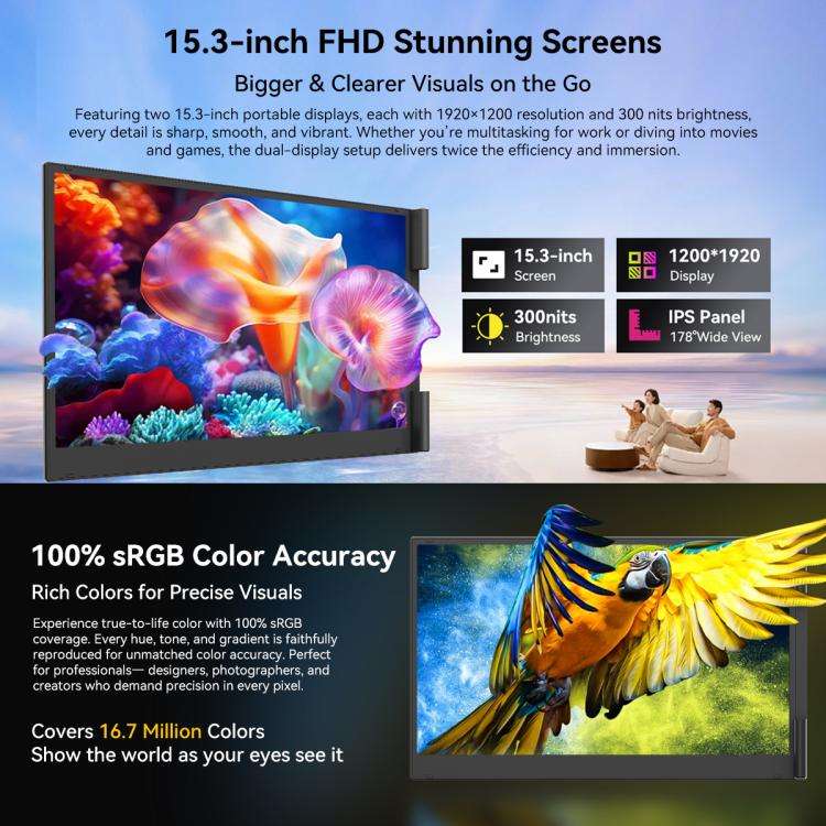 Blackview DCM8 15.3 inch Dual Display Portable Laptop LCD Monitors Screen Extender with Stand, DCM8