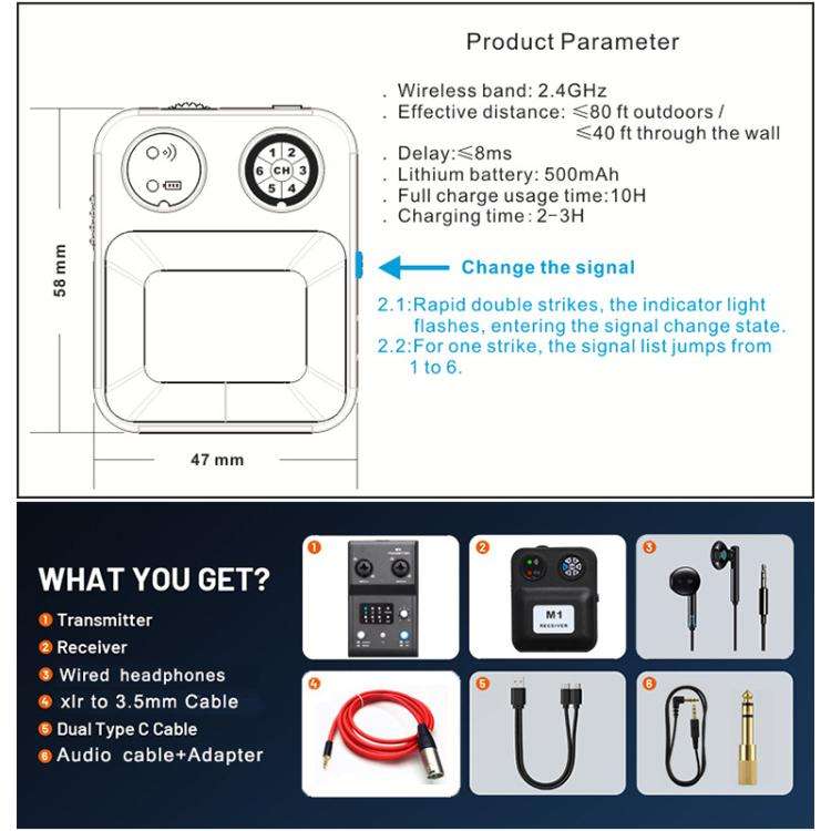 MX-M1 Portable Wireless In-Ear Monitoring System for Stage 1 TX & 1 RX, MX-M1