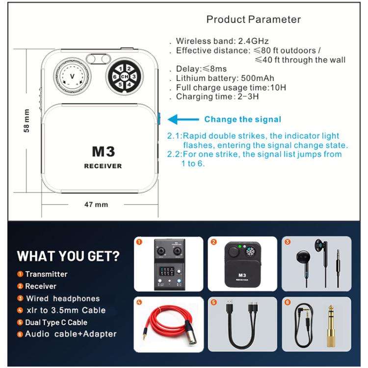 MX-M3 Portable Wireless In-Ear Monitoring System for Stage 1 TX & 1 RX, MX-M3